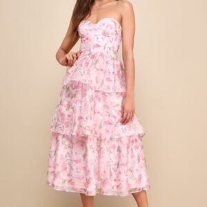 Lulus Pristine Cutie Light Pink Floral Organza Bustier Midi Dress - Size XS